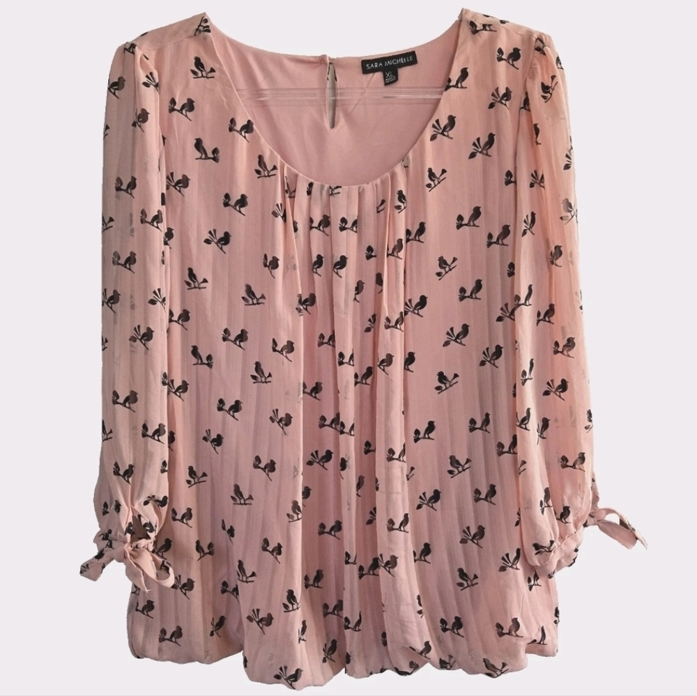Pink Pleated Chiffon Blouson Bubble Top Size XL with Blackbirds Shower Party